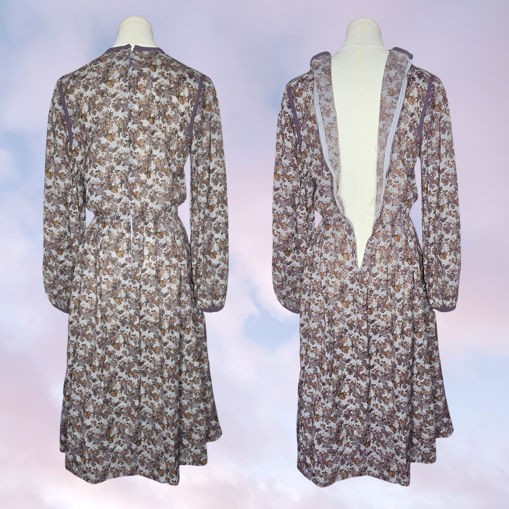 Vtg 50s Handmade Lavender and Blue Floral Sheer Balloon Sleeve Retro Midi Dress - Picture 5 of 7